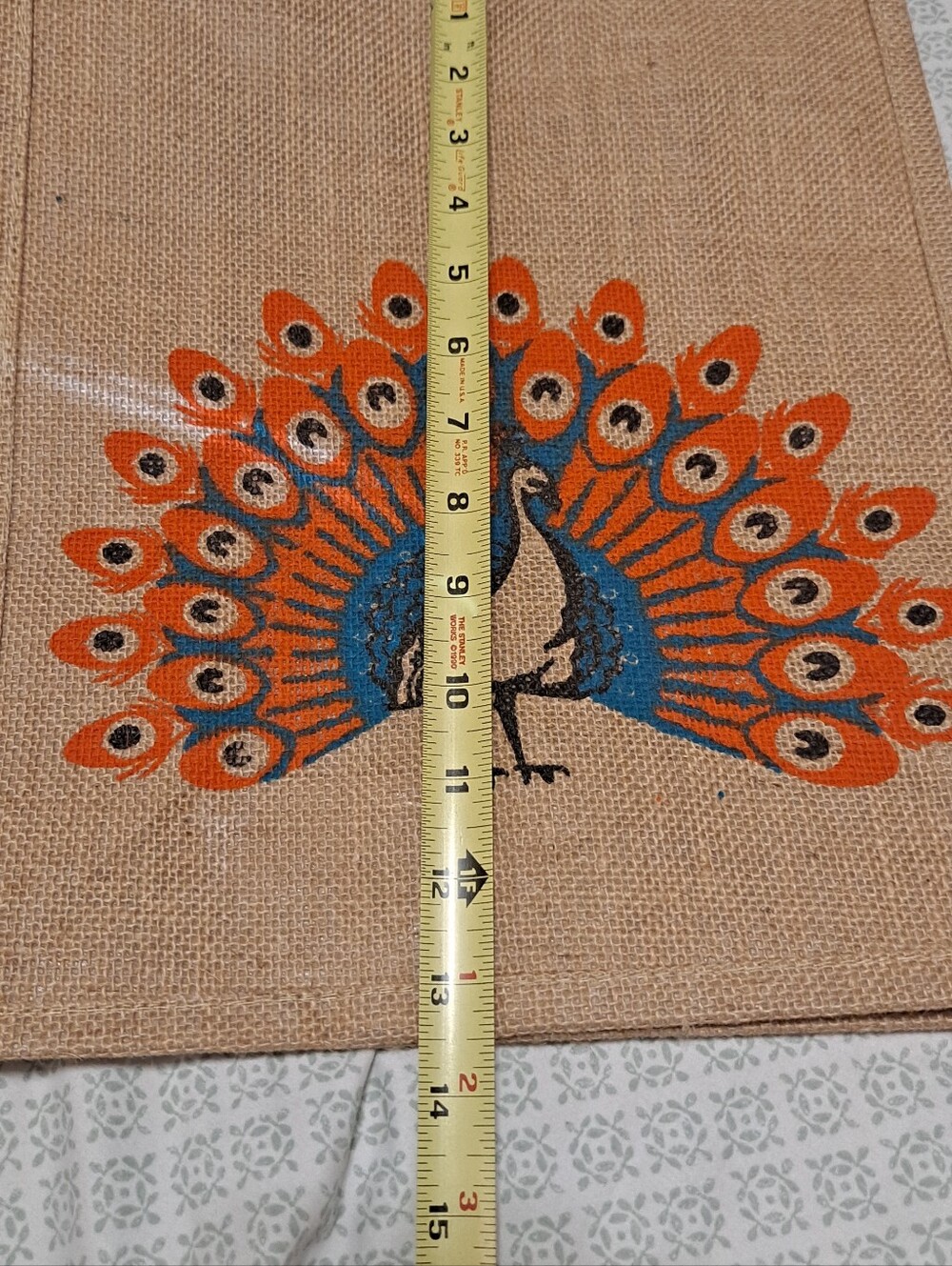 Peacock Jute Tote Bag in Natural with Orange & Blue Print - Picture 3 of 6